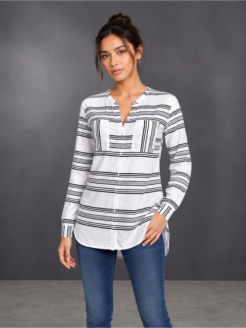 Old Navy White and Black Striped Button-Down Tunic